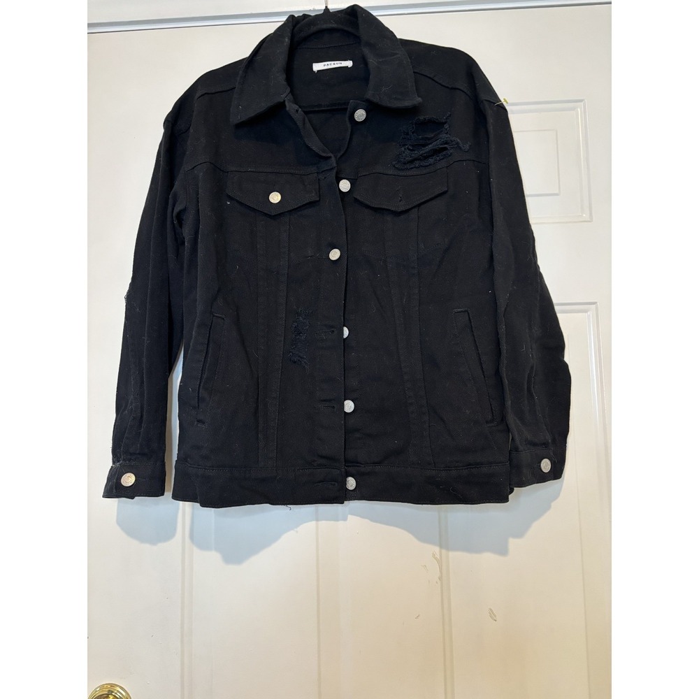 Pacsun oversized sz S‎ black distressed jean jacket collared pockets #1727